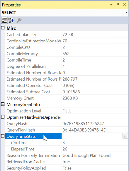 Schermopname van het venster eigenschappen van SQL Server uitvoeringsplan met de eigenschap QueryTimeStats uitgevouwen.