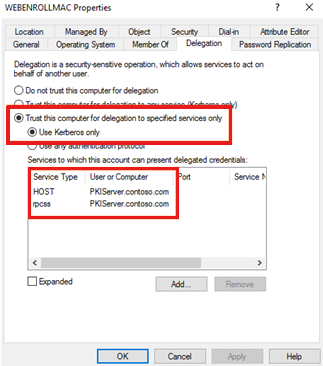 Configureer delegering op het computeraccount van de webserver.
