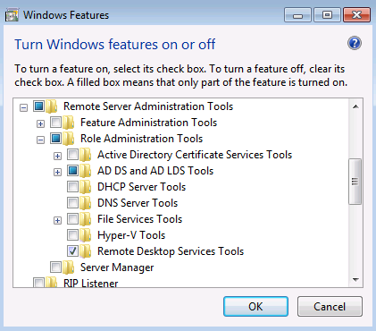 Schermopname van het venster Windows-onderdelen met de hulpprogramma's voor extern bureaublad-services geselecteerd.