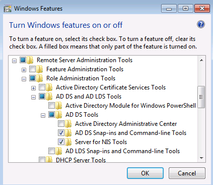 Schermopname van het venster Windows-onderdelen met de AD DS-modules en opdrachtregelprogramma's en de server voor NIS-hulpprogramma's geselecteerd.