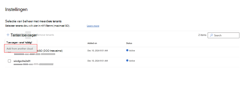 Schermopname van de pagina Instellingen met de optie Tenant toevoegen gemarkeerd.