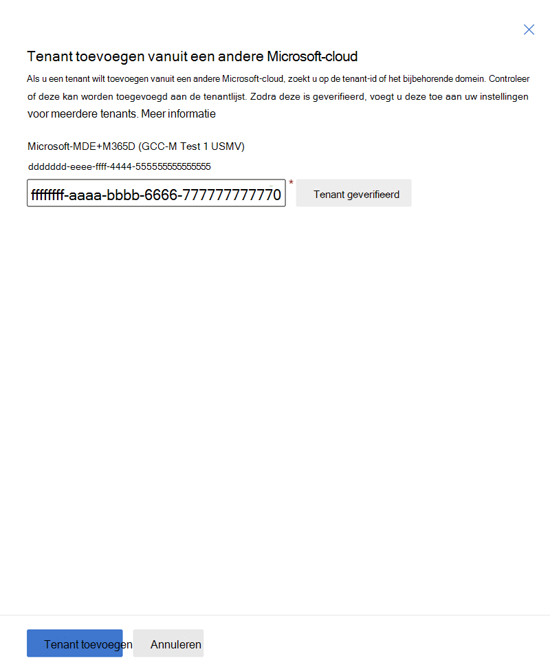 Schermopname van het deelvenster Tenants toevoegen met de verificatie gemarkeerd.