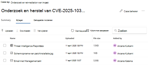 Schermopname van de details van het tabblad Bijlagen van een case.