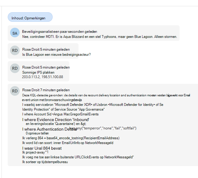 Schermopname van informele opmerkingen tussen analisten.