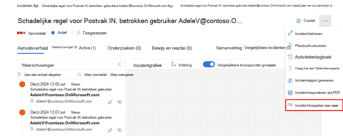 Schermopname van de optie koppelingsincident in het beletseltekenmenu in de incidentweergave.