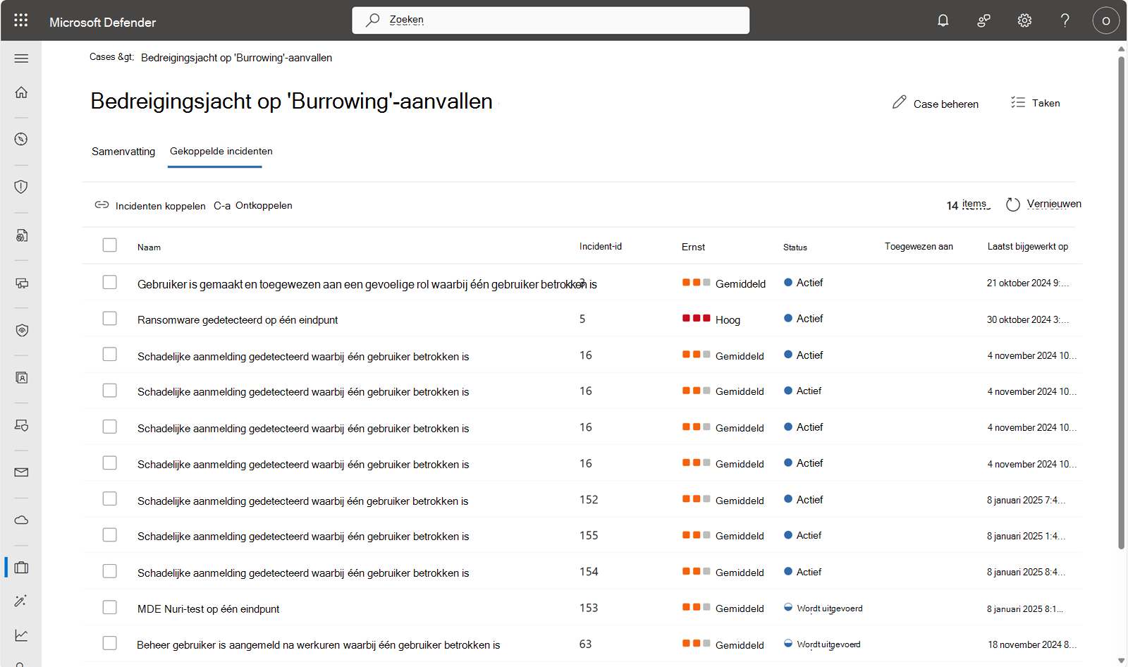 Schermopname van gekoppelde incidenten voor de hypothetische ingraafaanval.