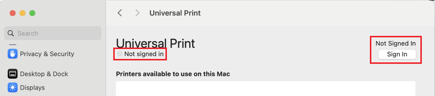 Schermopname van een gebruiker die is afgemeld bij de Universal Print-app in macOS