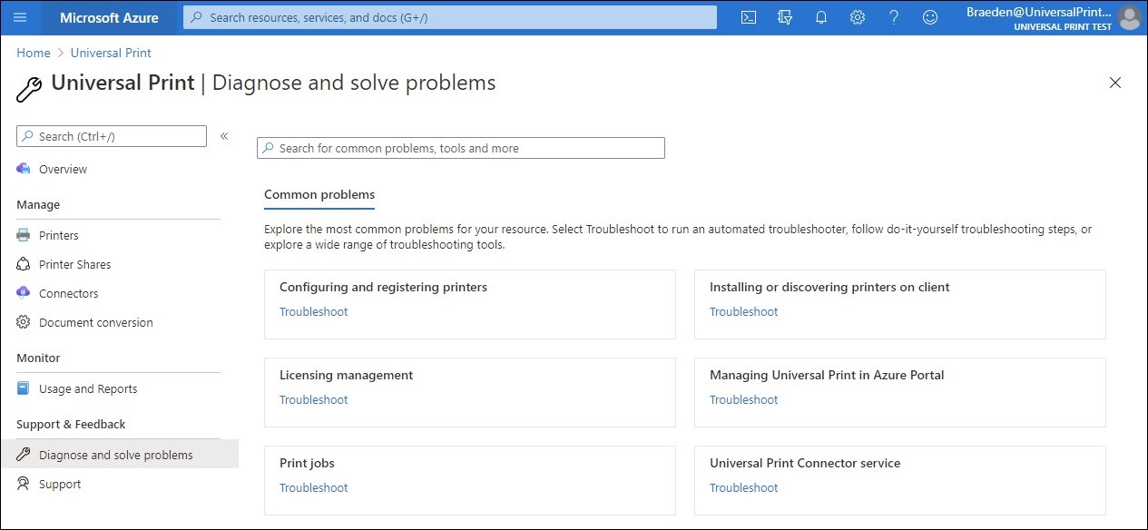 Een schermopname van de beheerportal met een nieuwe pagina Problemen vaststellen en oplossen.