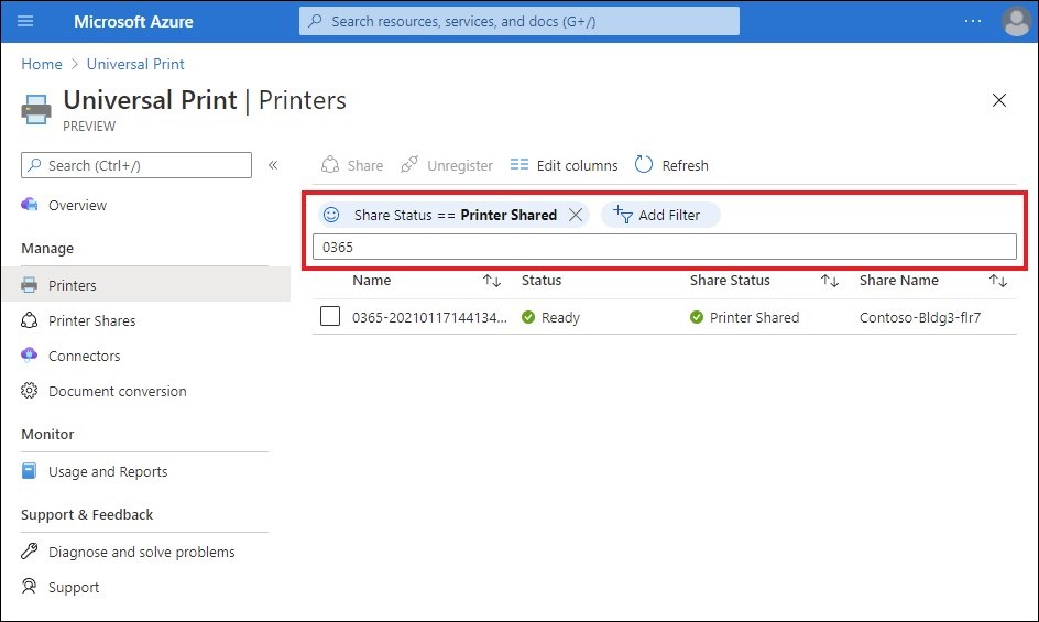 Een schermopname van de beheerportal met nieuwe filterbesturingselementen op de pagina Printerlijst.