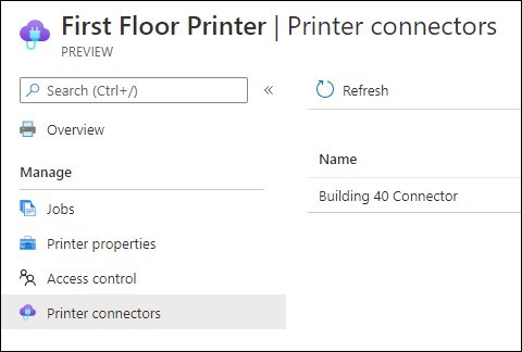 Een schermopname van de beheerportal met een nieuwe lijst printerconnectors op de pagina Printerdetails.