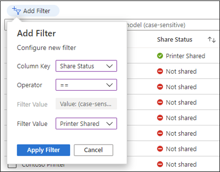 Een schermopname van een filter dat wordt geconfigureerd in de Universal Print-portal.