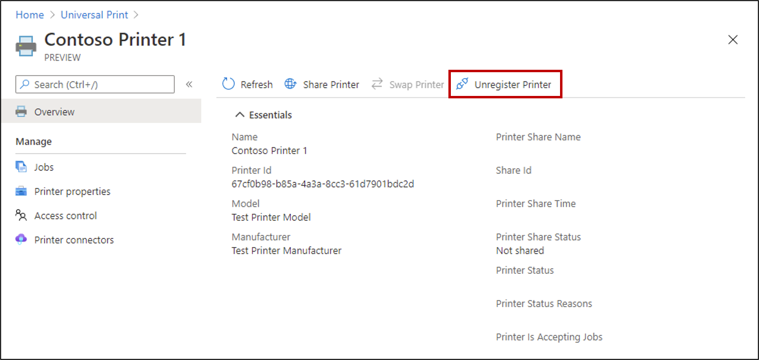 Een schermopname die laat zien hoe u de registratie van een printer ongedaan maakt in de Universal Print-portal.