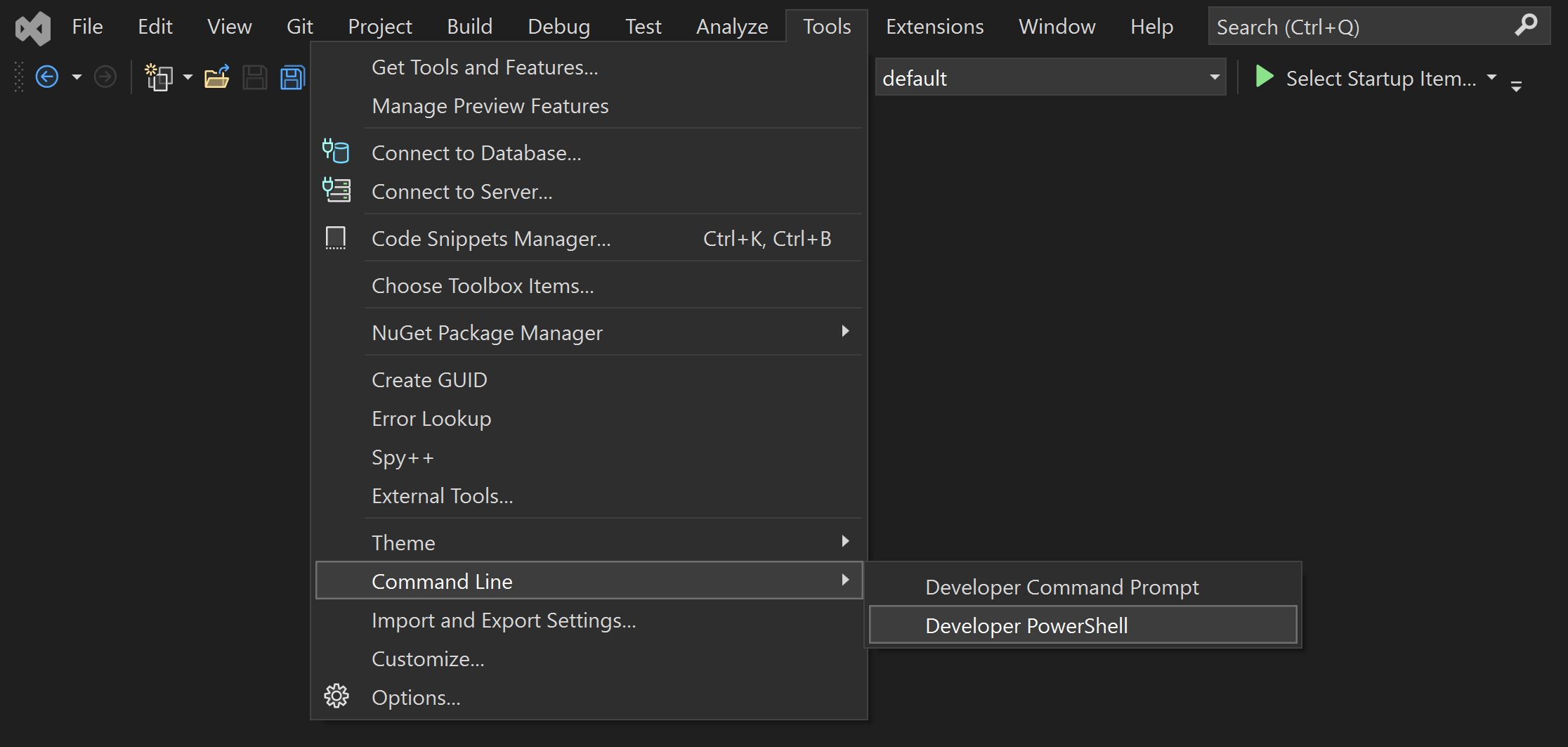 ingebouwde powershell voor ontwikkelaars openen
