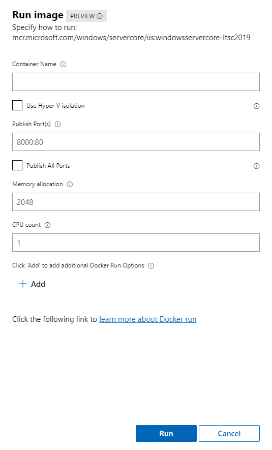 Schermopname van het dialoogvenster 'Afbeelding uitvoeren', met velden voor de containernaam en andere informatie. Er is een knop Toevoegen beschikbaar voor het configureren van opties.