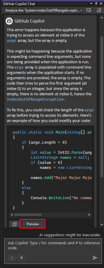 Schermafbeelding van de knop Voorbeeld in het Copilot-chatvenster.