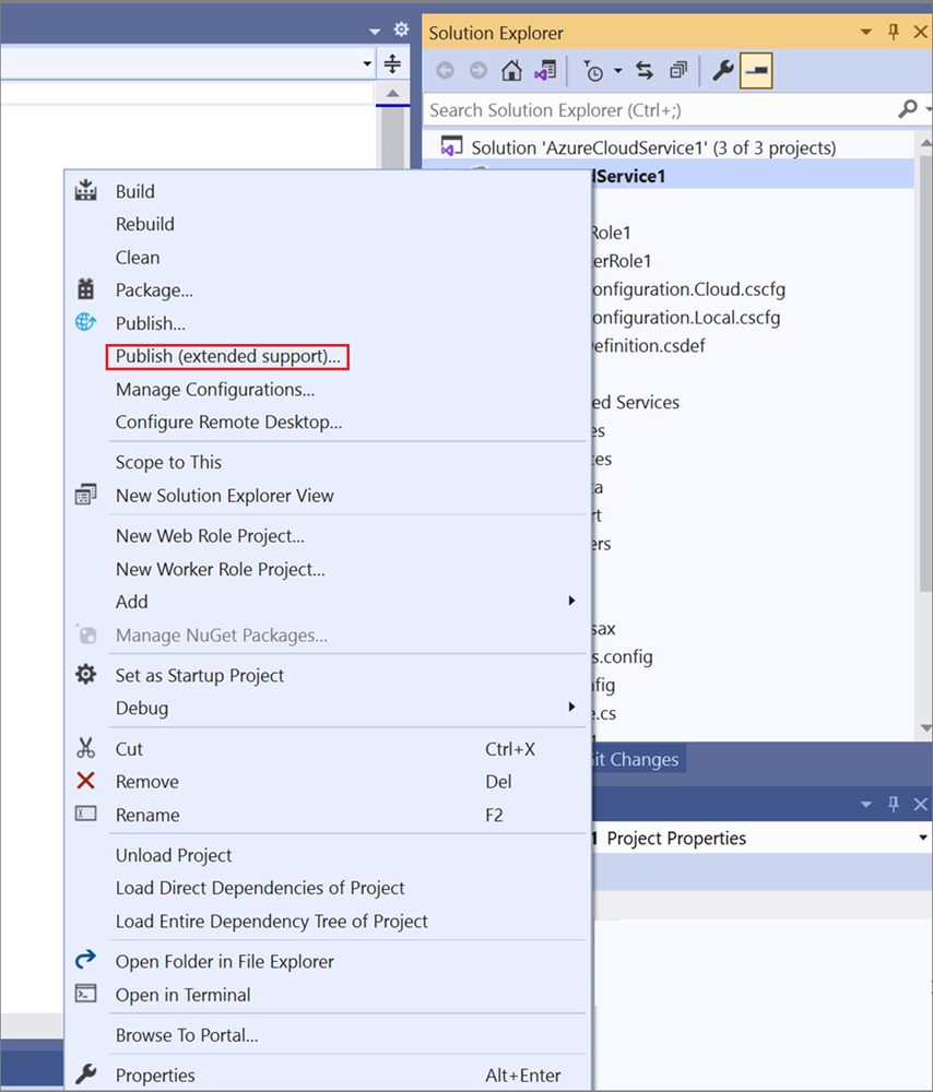 Schermopname van het selecteren van Publiceren (uitgebreide ondersteuning) in het menu.