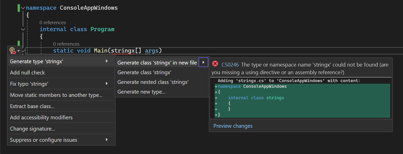 Schermopname van een analysefout en een oplossing voor snelle actiecode in de code-editor.