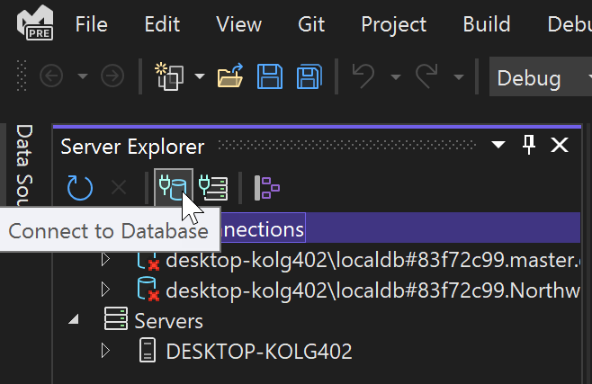 Schermopname van het pictogram Verbinding maken met database in Server Explorer.