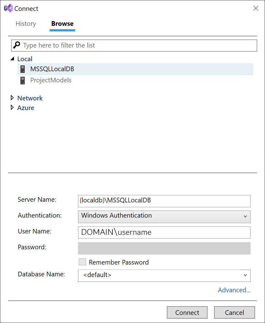 Schermopname van het dialoogvenster Verbinding maken met SQL Database