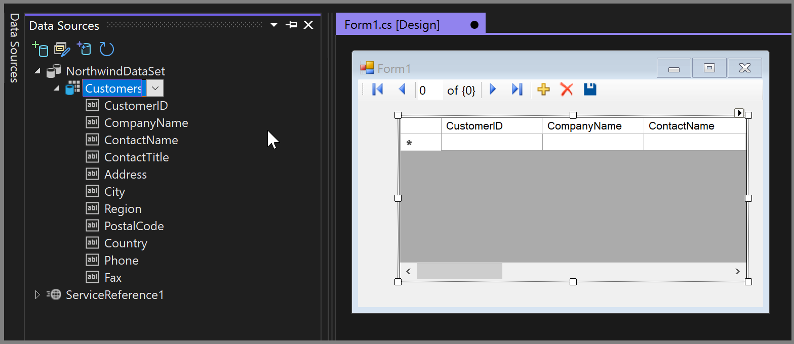 Schermopname van het slepen van een gegevensset naar een Windows-formulier in Visual Studio 2022.