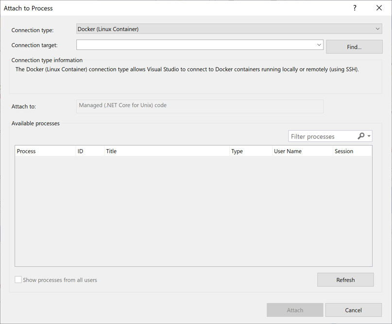 Attach_To_Process_Menu Screenshot of the Attach to Process dialog in Visual Studio showing a Connection type of Docker (Linux Container).