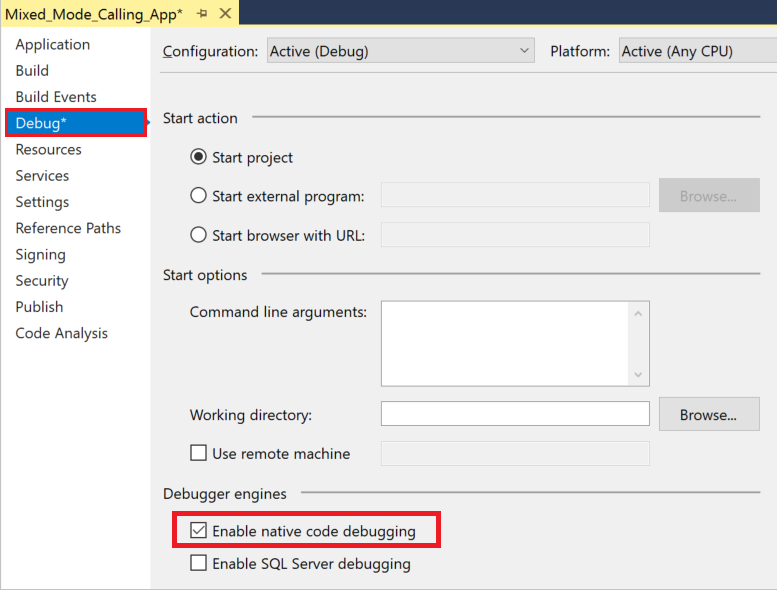 Enable mixed mode debugging in Visual Basic