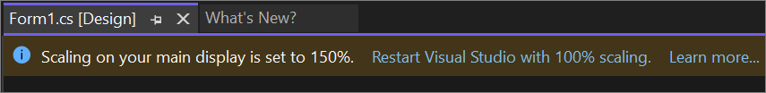 Schermopname van de informatiebalk in Visual Studio om opnieuw op te starten in de DPI-ongevoelige modus.