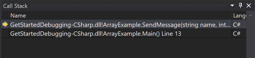 Schermopname van het venster Aanroepstack in Visual Studio.