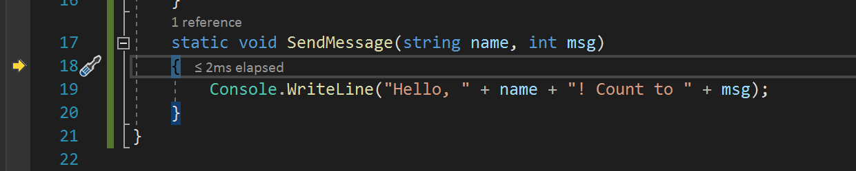 Schermopname van de uitvoeringspointer bij de SendMessage-methode.