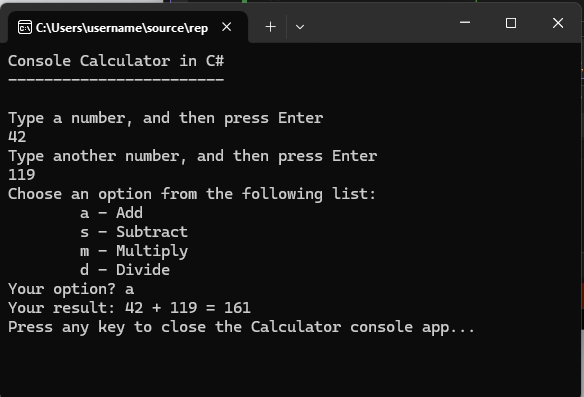 Schermopname van een consolevenster met de rekenmachine-app met prompts.