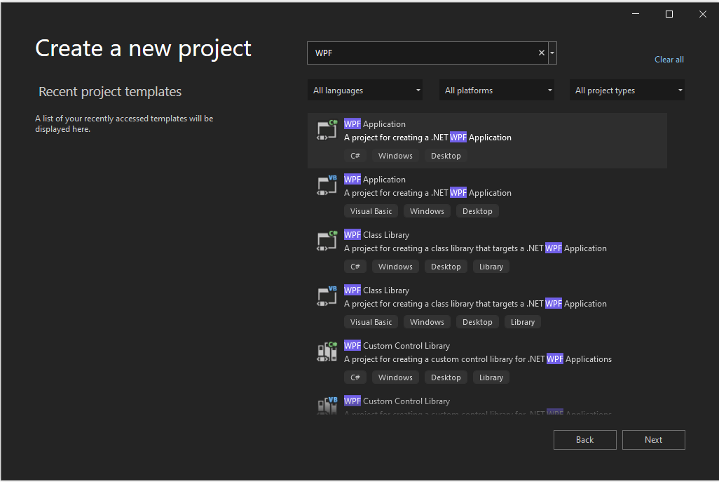 Screenshot of the 'Create a new project' dialog with 'WPF' entered in the search box, and the 'WPF Application' project template highlighted.