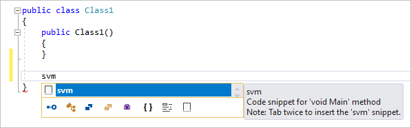 schermopname van een IntelliSense-pop-upvenster voor een codefragment in Visual Studio.