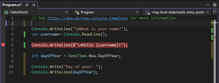 Schermafbeelding met een onderbrekingspunt op een regel code in Visual Studio.