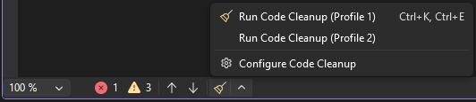 Schermopname met het pictogram Codeopruiming en het menu in Visual Studio.