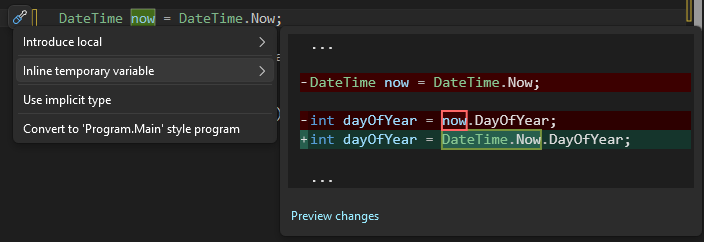 Schermafbeelding van de Inline tijdelijke variabele suggestie in Visual Studio.