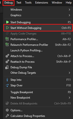 Schermopname van het Debug > Start zonder debuggen menu-item.