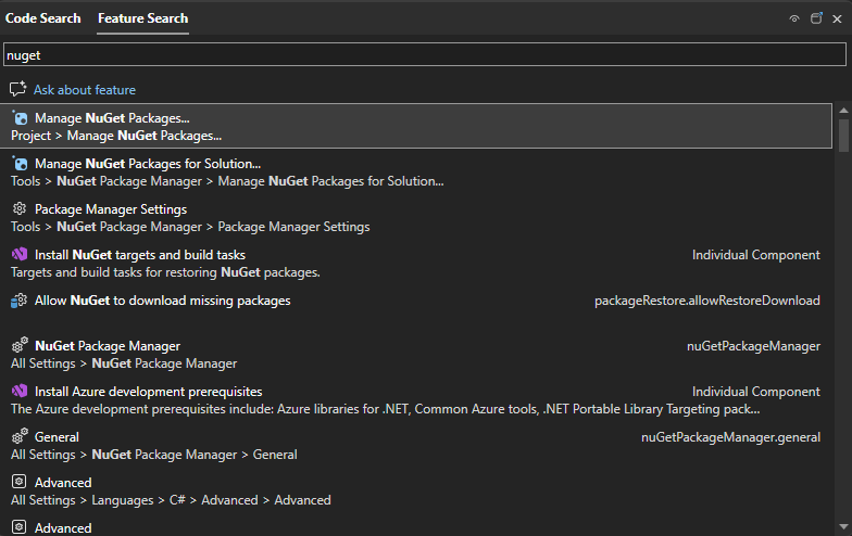 Schermafbeelding met het zoekvak Snel starten in Visual Studio.