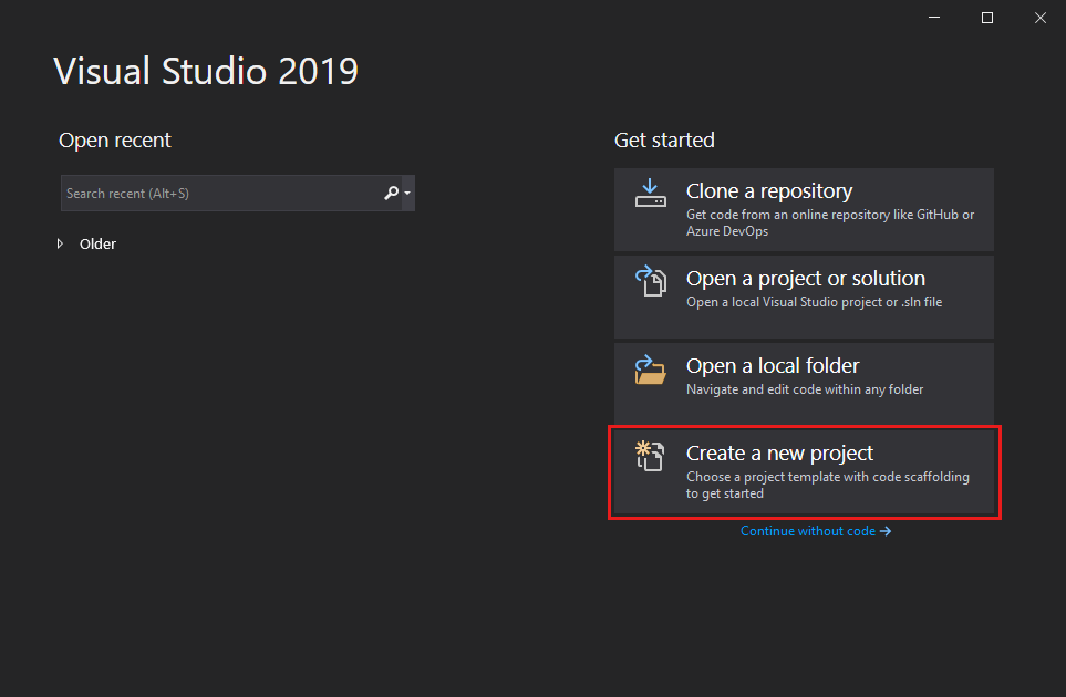 Schermopname toont het startvenster voor Visual Studio. Een nieuwe projectoptie maken is gemarkeerd.