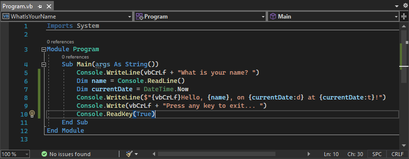 Screenshot showing the code for the 'Program.vb' file in the 'WhatIsYourName' project loaded in the Visual Basic code editor.