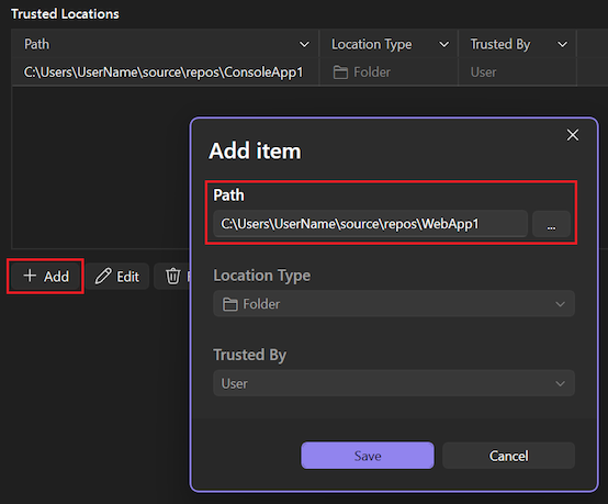 Schermopname die laat zien hoe u een map als een vertrouwde locatie kunt gebruiken.