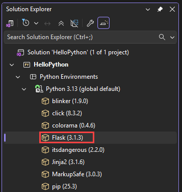 Schermopname van de Flask-bibliotheek die is geïnstalleerd en aanwezig is in Solution Explorer in Visual Studio.