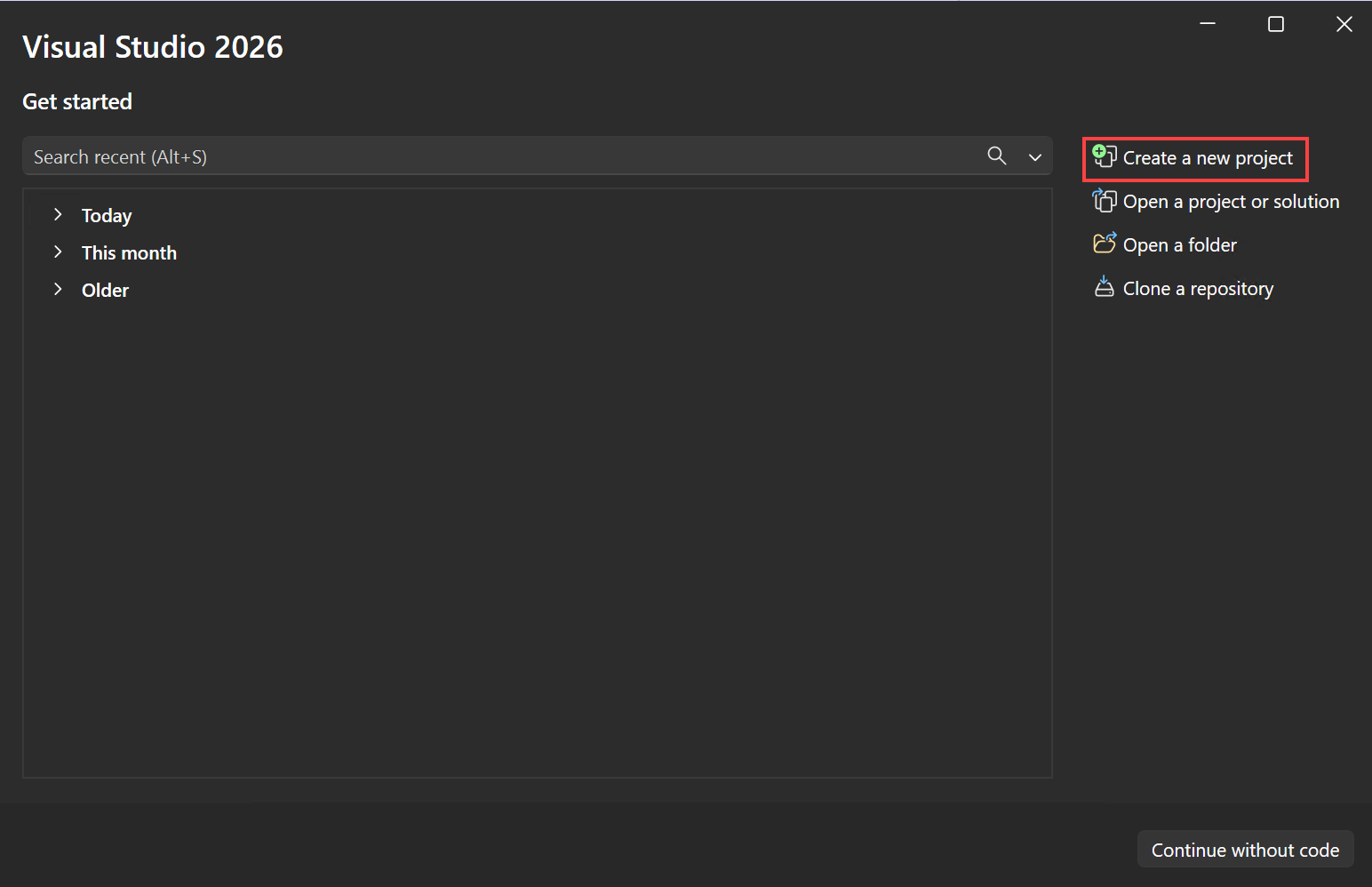 Schermopname van de optie Een nieuw project maken in het startvenster.