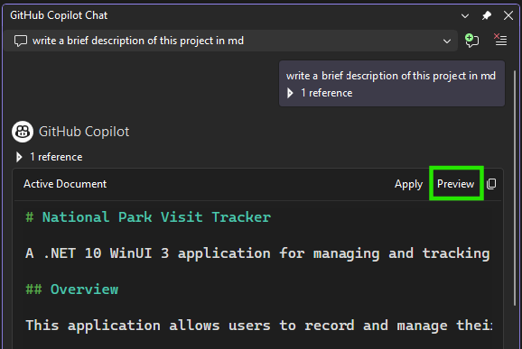 Schermopname van de knop Voorbeeld in het Copilot Chat-venster voor Markdown-inhoud.