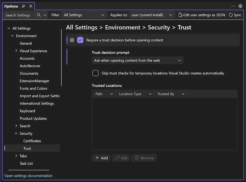 Schermopname die laat zien hoe u de beveiligingsopties wijzigt die betrekking hebben op het openen van inhoud vanaf internet.