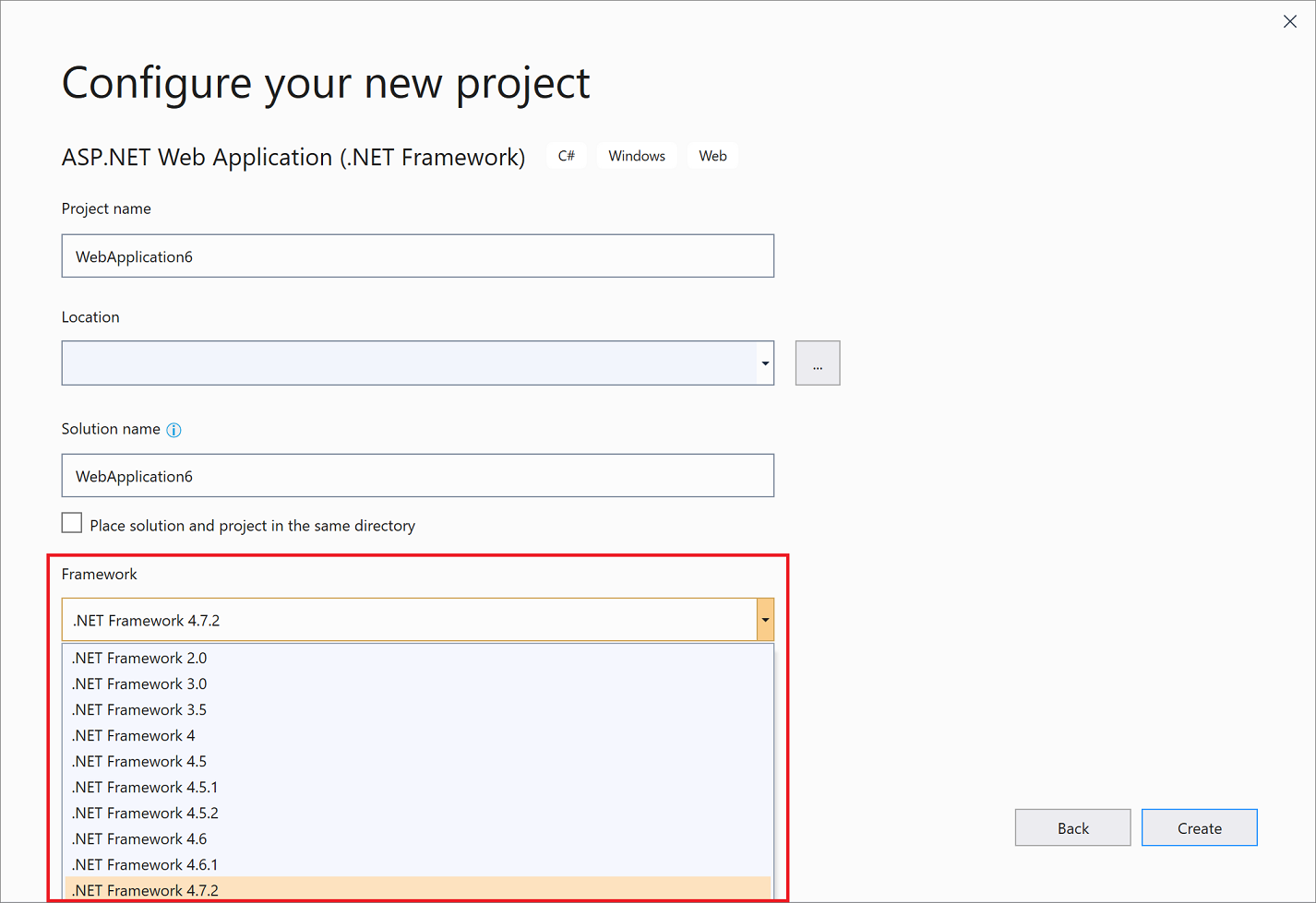 Screenshot of the Framework selector in the 'Configure new project' dialog box in Visual Studio 2019.