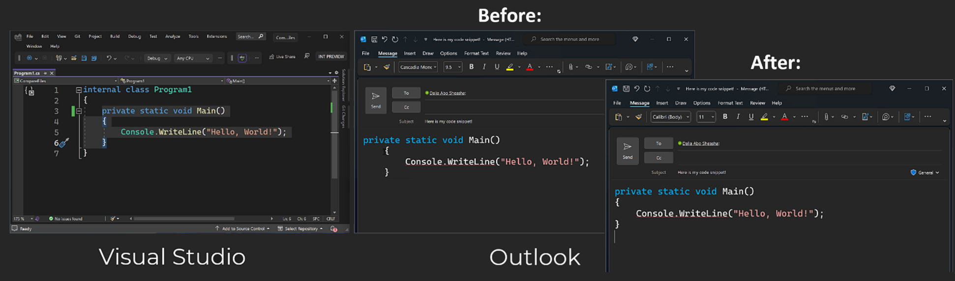 Screenshot that shows a before and after comparison to highlight the Copy and Trim Indentation feature.