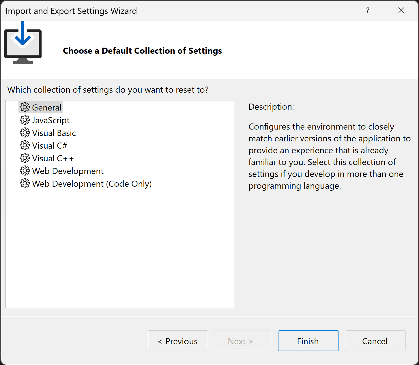 Schermopname van de standaardverzameling instellingen in Visual Studio.