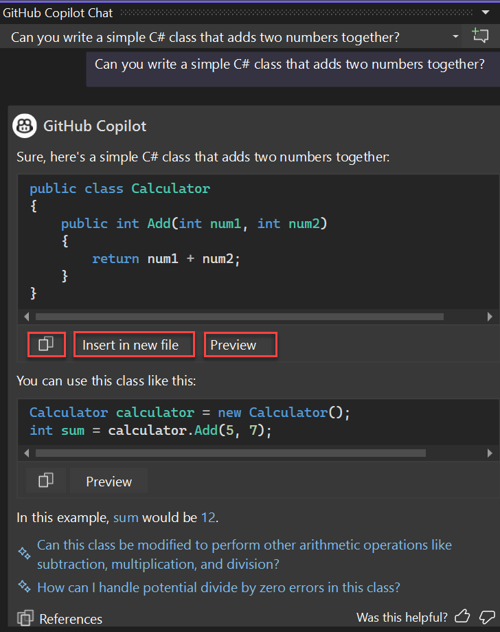 Schermopname van de opties voor het kopiëren van codeblok, het invoegen van code in een nieuw bestand of een voorbeeldcode voor de codesuggesties van Copilot Chat.