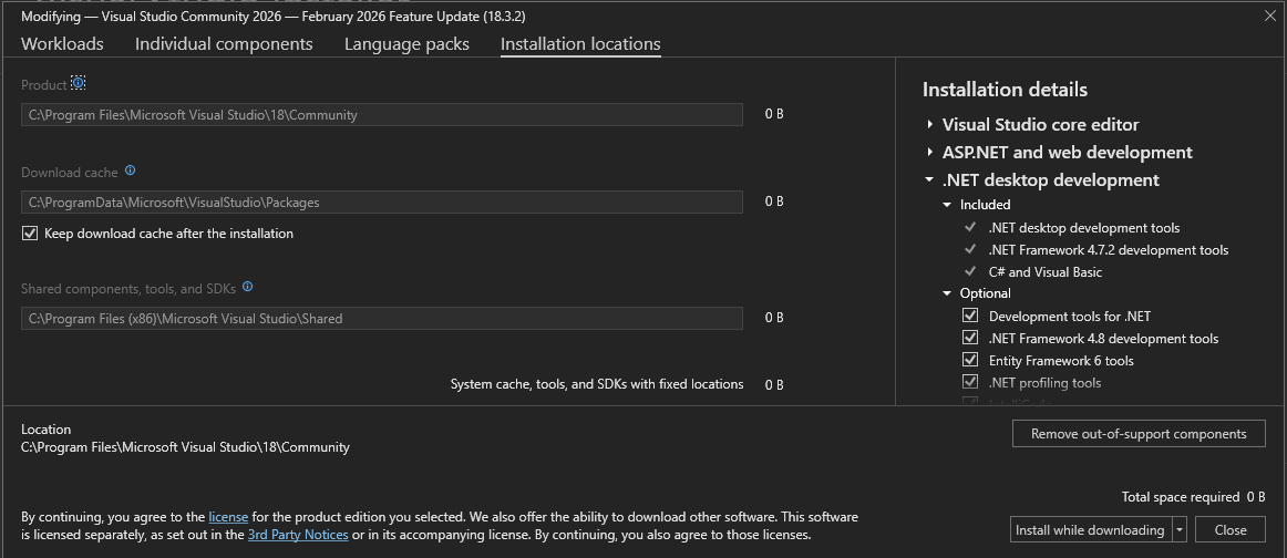 Schermopname van het tabblad Installatielocaties van het Installatieprogramma van Visual Studio.