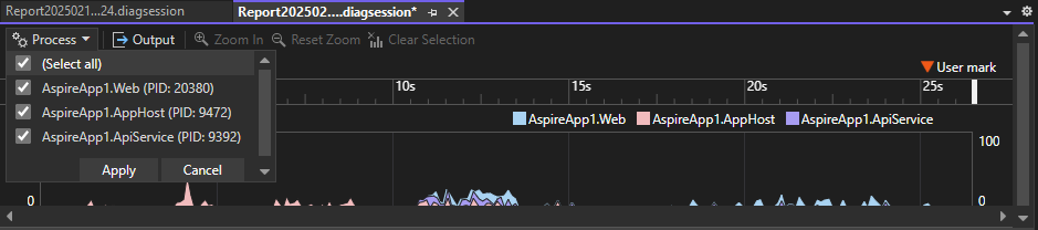 Schermopname van het filter voor meerdere processen.